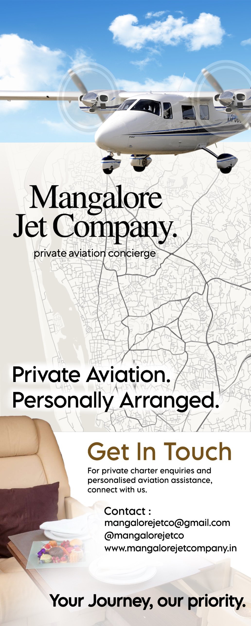 Mangalore Jet Company, private aviation concierge. Private Aviation. Personally Arranged. Get In Touch: mangalorejetco@gmail.com, @mangalorejetco on Instagram.